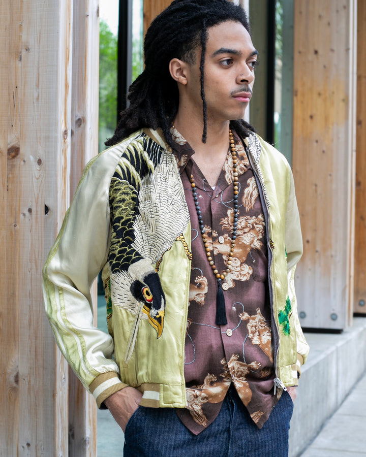 Japanese Repro Souvenir Jacket, Reversible, Gold Birds and Mt. Fuji - M