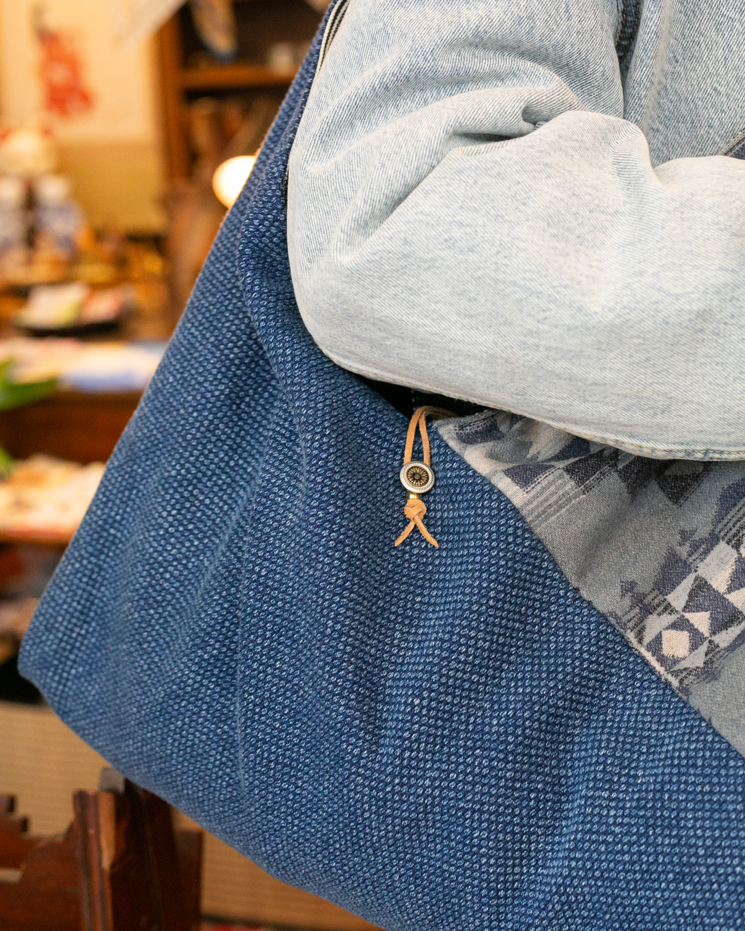 Kiriko Original Tsuno Tote, Sashi-Ori, Washed Indigo with Slate Blue Pendleton Fabric