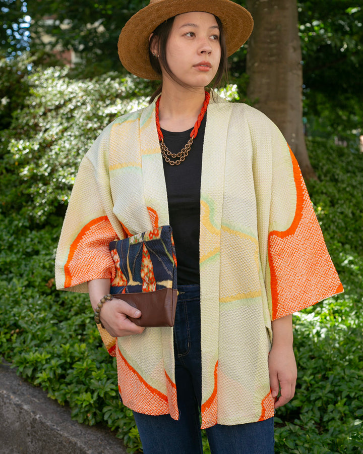 Vintage Haori Jacket, Full Shibori, Lime with Orange and Black Abstract Clouds