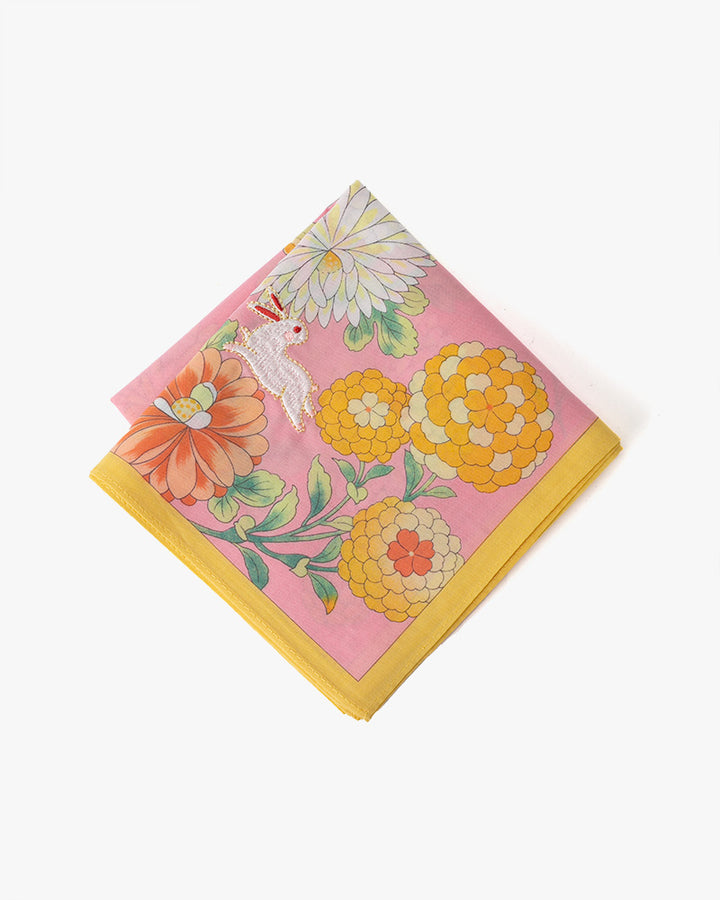 Japanese Handkerchief, Classic, Pink Chrysanthemum with Rabbit Embroidery