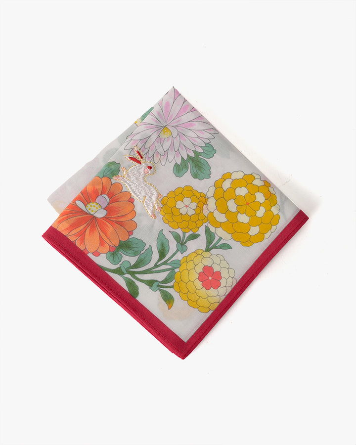 Japanese Handkerchief, Classic, Ivory Chrysanthemum with Rabbit Embroidery