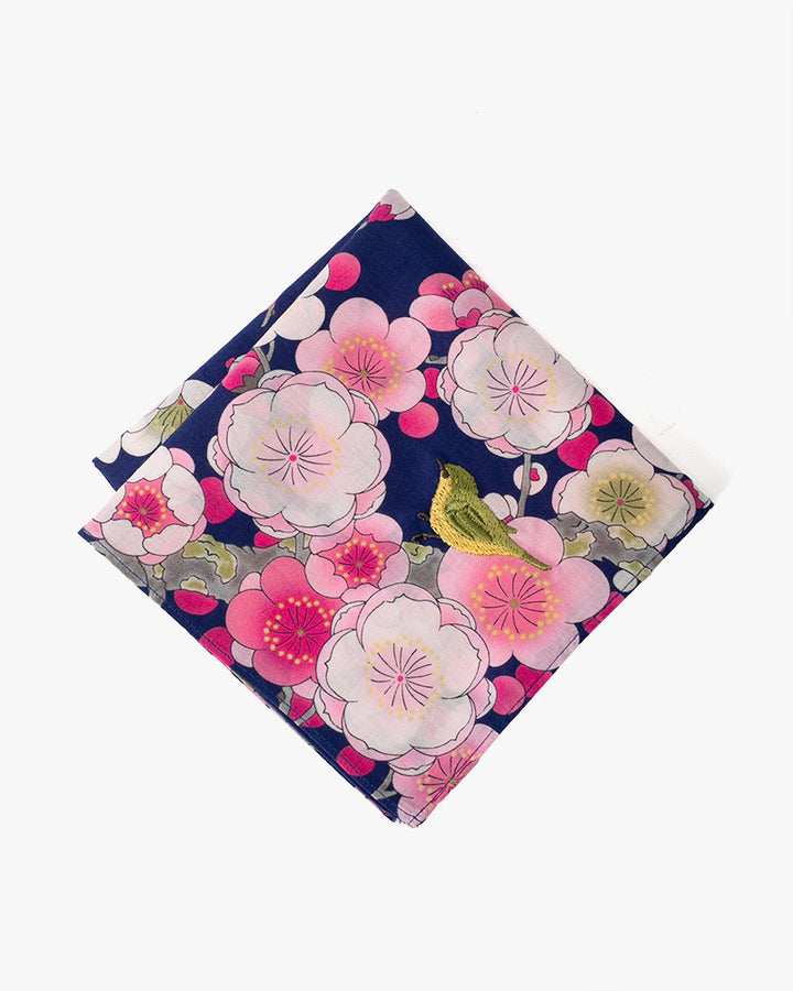 Japanese Handkerchief, Classic, Navy Plum Blossoms with Bird Embroidery