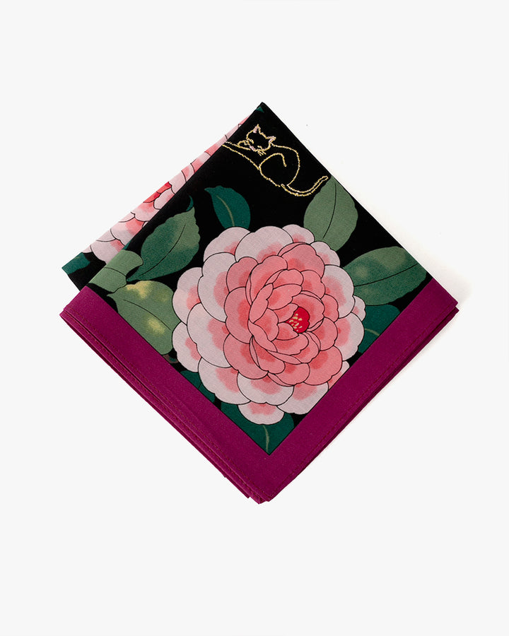 Japanese Handkerchief, Classic, Black Peony with Cat Embroidery