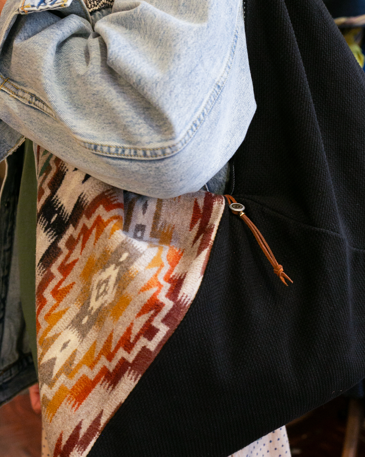 Kiriko Original Tsuno Tote, Sashi-Ori, Black and Earth Tone Multi-Color Pendleton Fabric