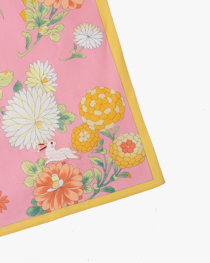 Japanese Handkerchief, Classic, Pink Chrysanthemum with Rabbit Embroidery