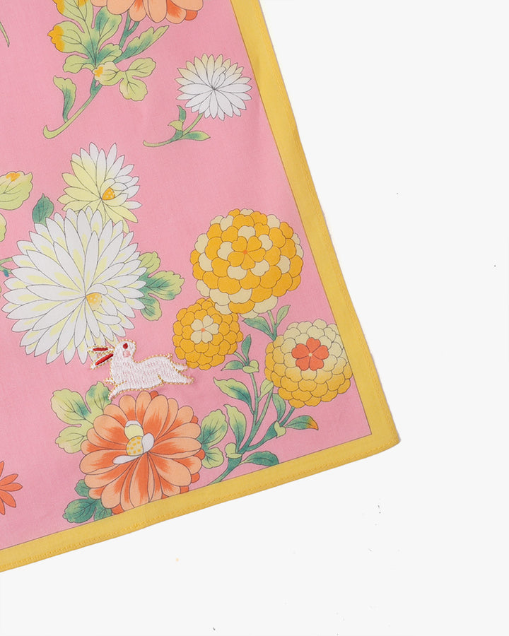 Japanese Handkerchief, Classic, Pink Chrysanthemum with Rabbit Embroidery