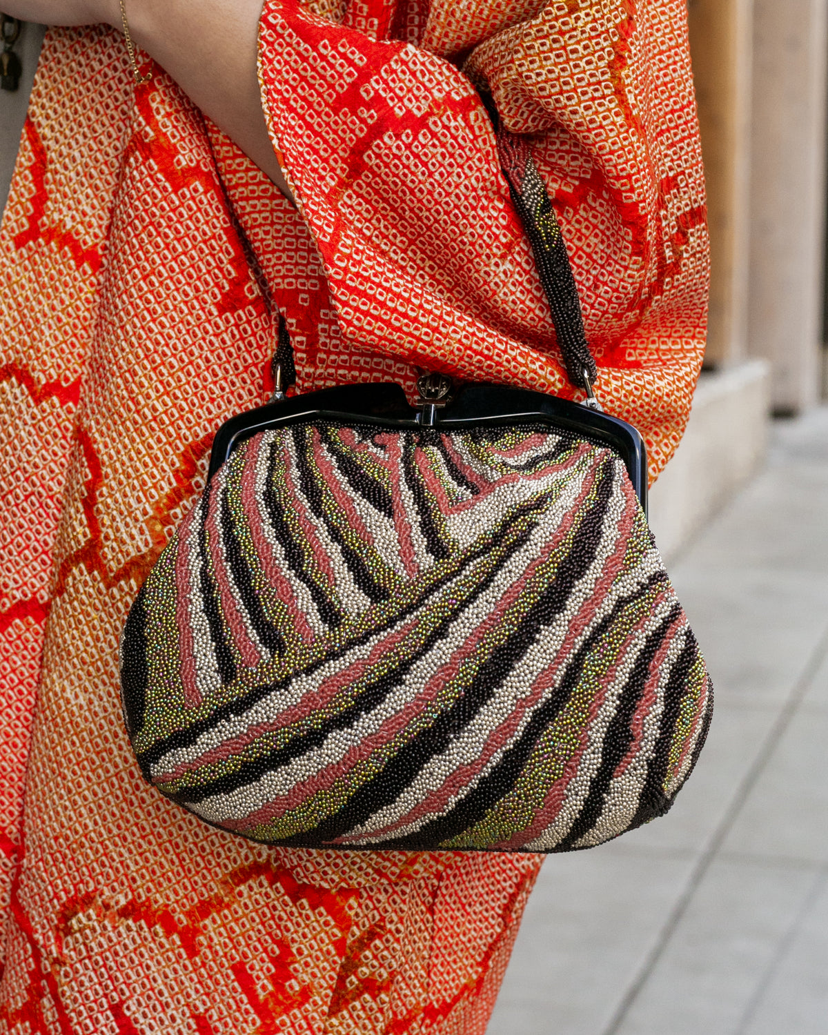 Vintage Bag, Purse, Beaded, Brown, Gold, and Coral Tiger Stripes
