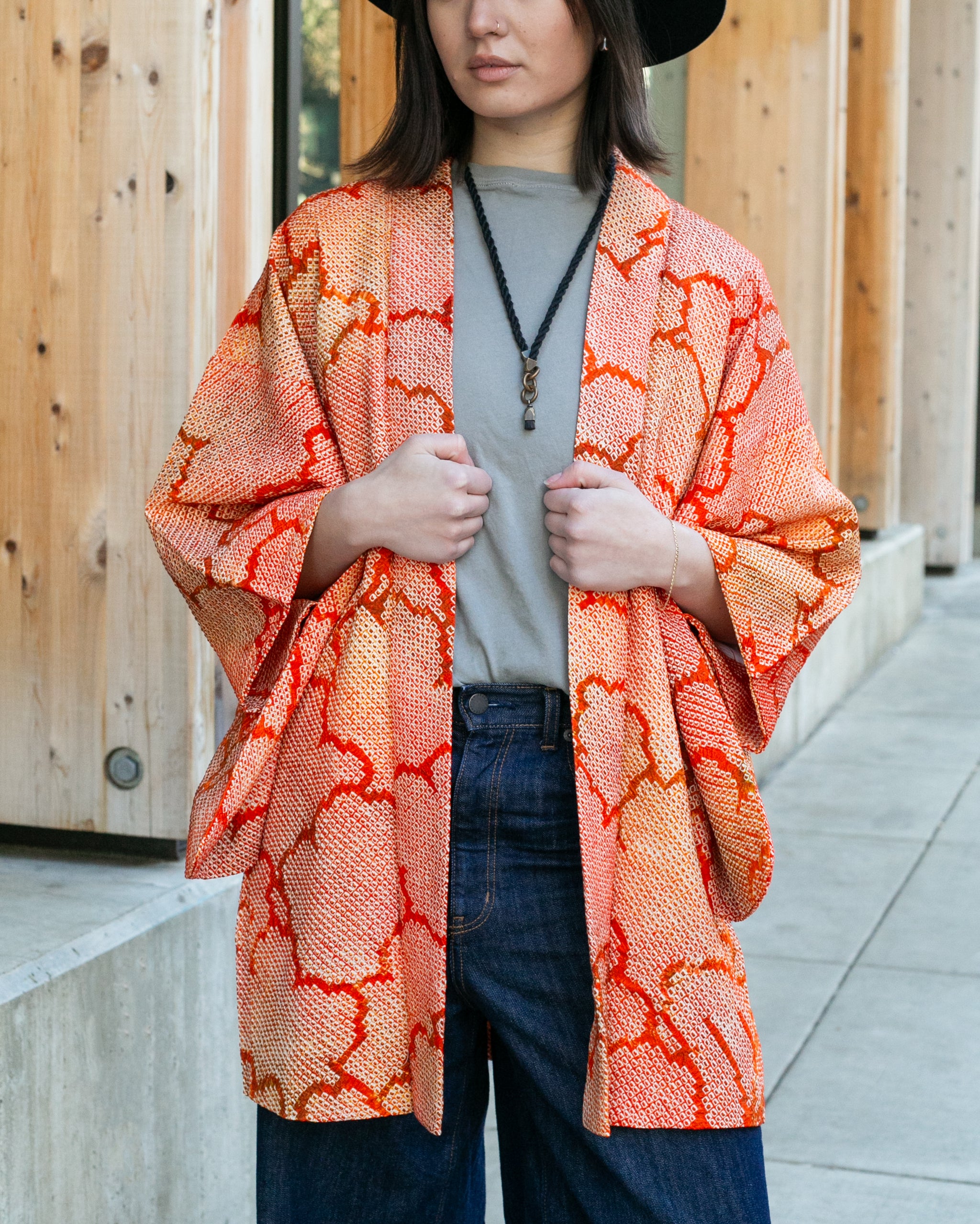 Vintage Haori Jacket, Full Shibori, Orange Trees and Petal Lining – Kiriko Made Vintage Haori Jacket, Full Shibori, Orange Trees and Petal Lining – Kiriko Made