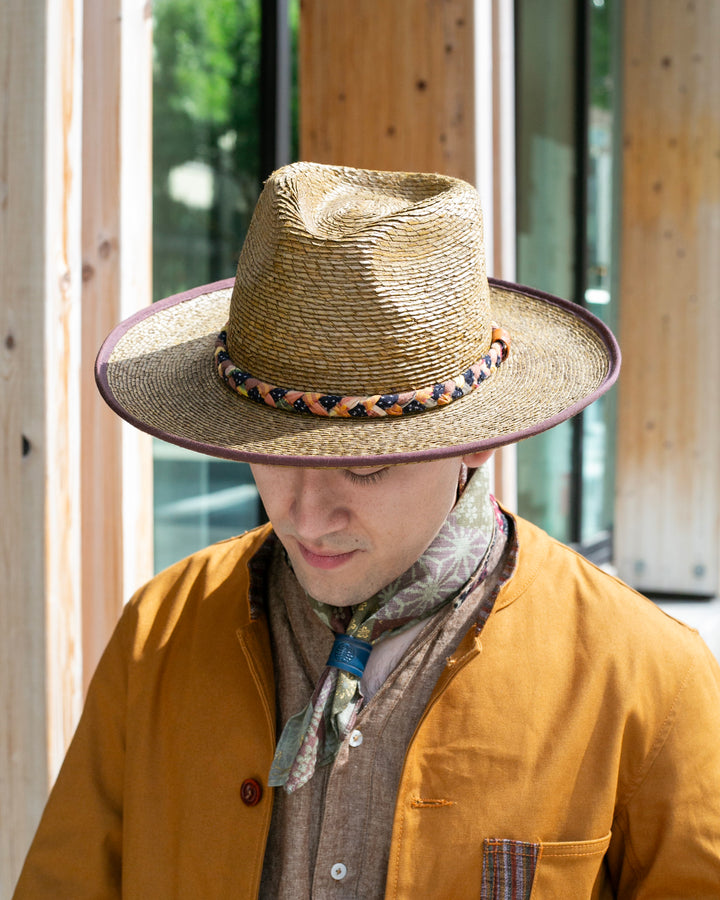 Kiriko Custom Panama Hat, Straw, Braided Dotted Indigo with Shades of Orange