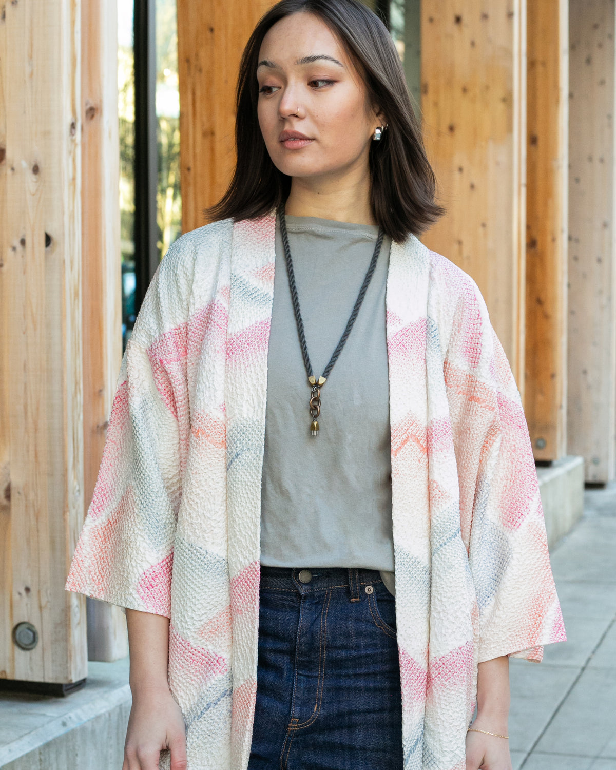 Vintage Haori Jacket, Full Shibori, Pink, Orange, and Gray Mountains