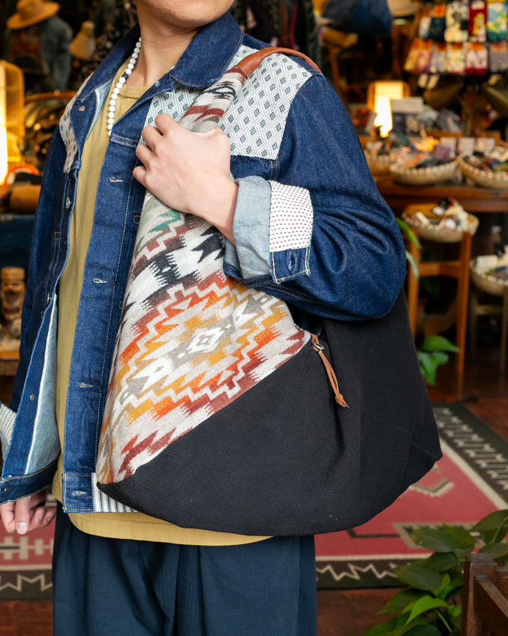 Kiriko Original Tsuno Tote, Sashi-Ori, Black and Earth Tone Multi-Color Pendleton Fabric