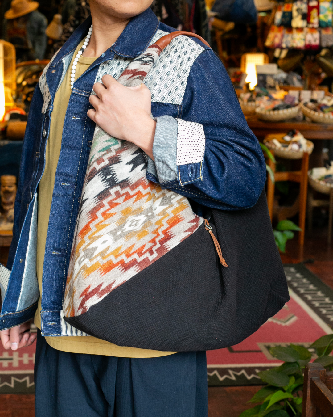 Kiriko Original Tsuno Tote, Sashi-Ori, Black and Earth Tone Multi-Color Pendleton Fabric