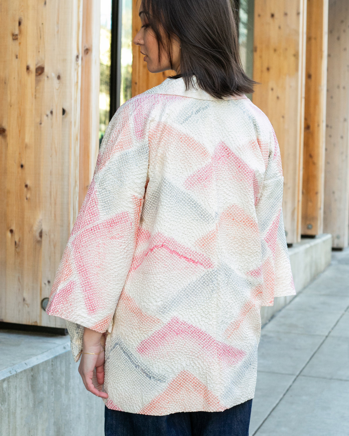 Vintage Haori Jacket, Full Shibori, Pink, Orange, and Gray Mountains