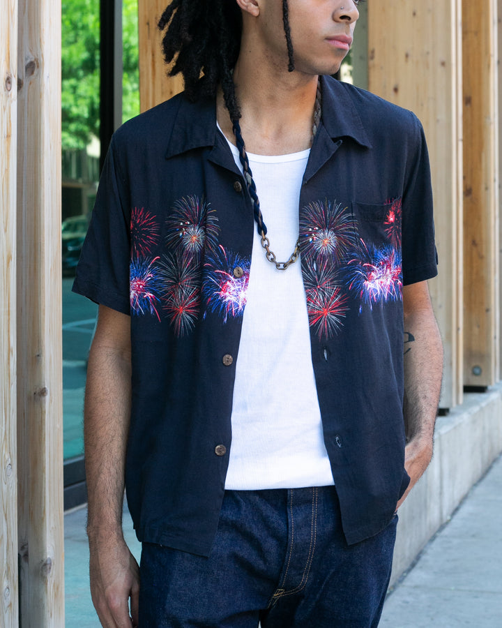 Japanese Repro, Short Sleeve Aloha Shirt, Houston Brand, Black with Fireworks