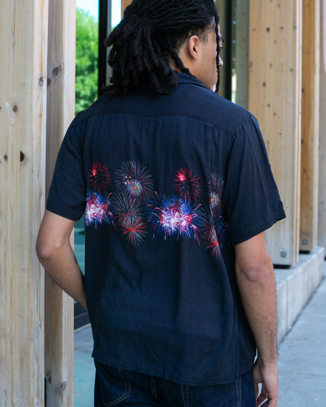Japanese Repro, Short Sleeve Aloha Shirt, Houston Brand, Black with Fireworks
