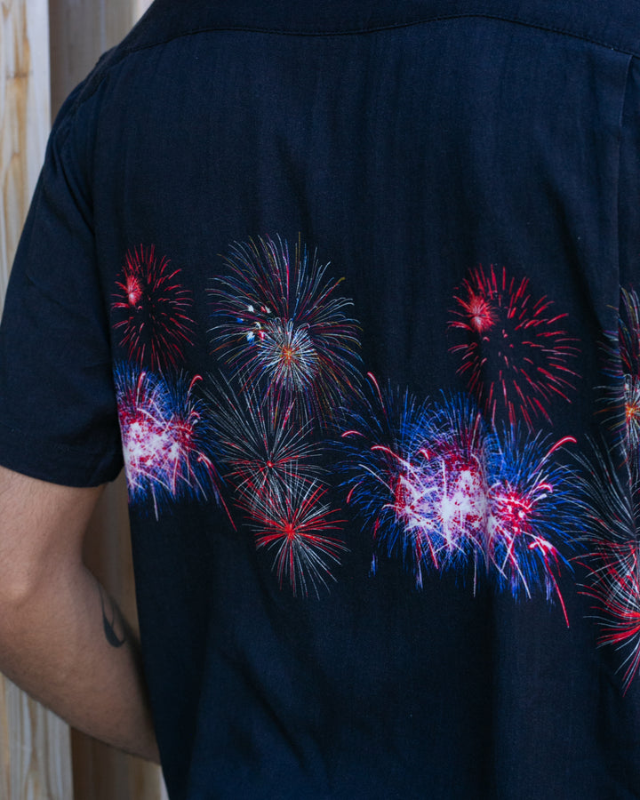 Japanese Repro, Short Sleeve Aloha Shirt, Houston Brand, Black with Fireworks