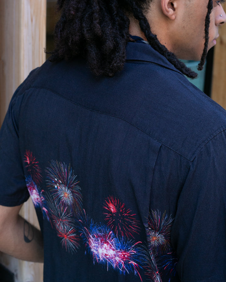 Japanese Repro, Short Sleeve Aloha Shirt, Houston Brand, Black with Fireworks
