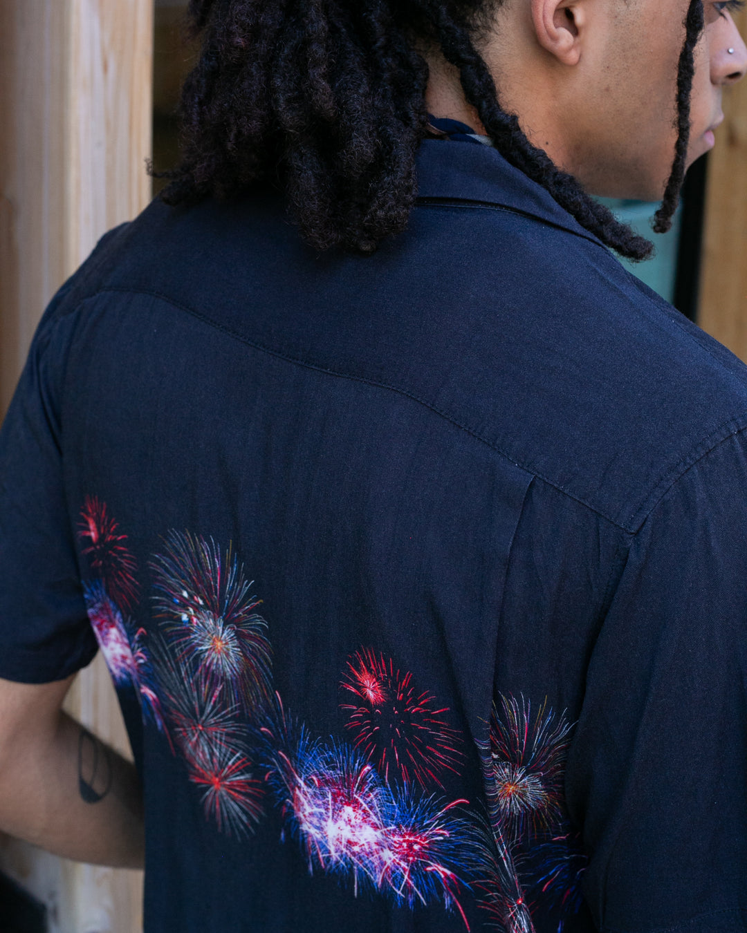 Japanese Repro, Short Sleeve Aloha Shirt, Houston Brand, Black with Fireworks