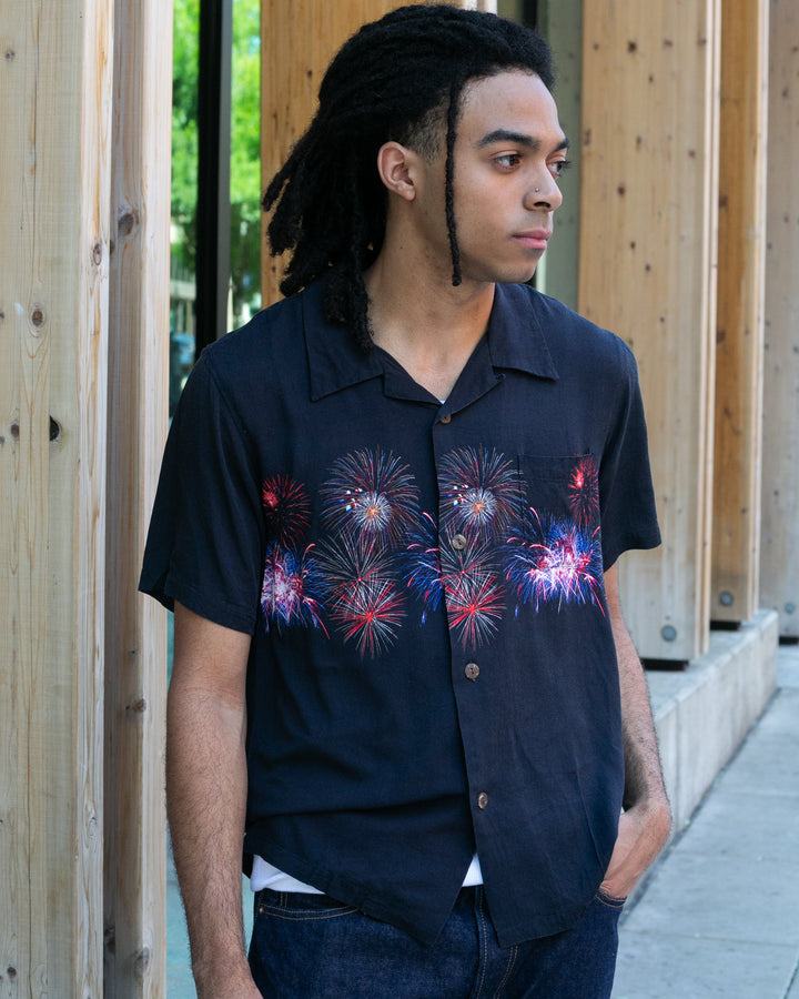 Japanese Repro, Short Sleeve Aloha Shirt, Houston Brand, Black with Fireworks