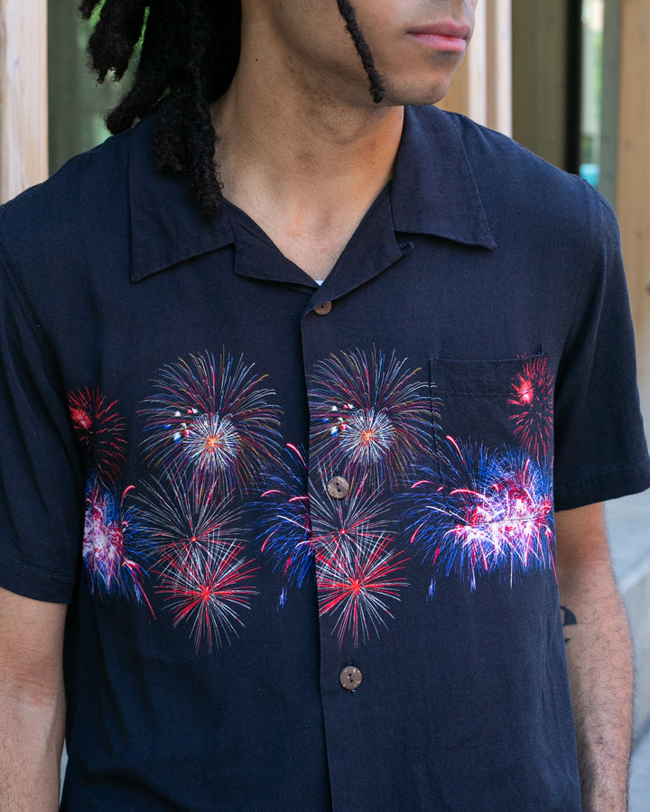 Japanese Repro, Short Sleeve Aloha Shirt, Houston Brand, Black with Fireworks