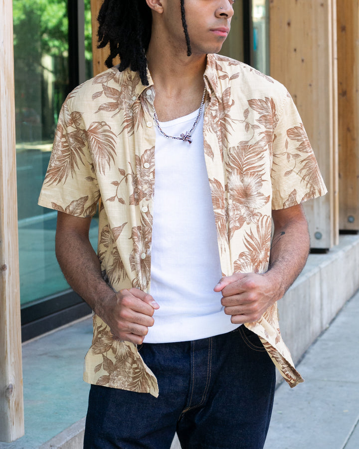 Japanese Repro, Short Sleeve Aloha Shirt, Hawaiian Aloha Tropical Brand, Cream and Brown Flowers and Leaves