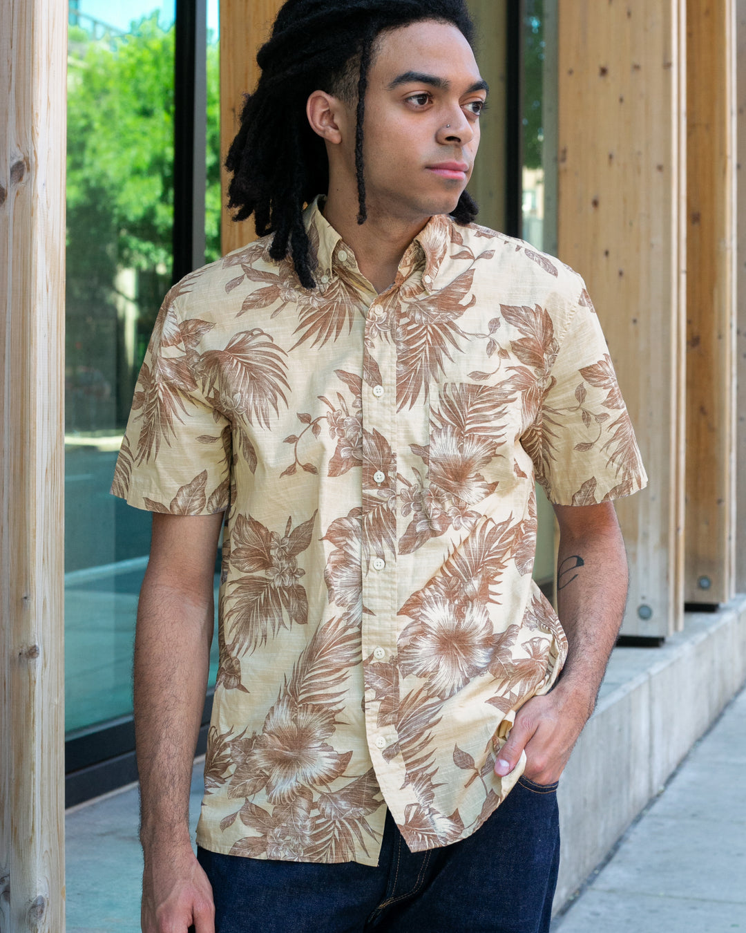 Japanese Repro, Short Sleeve Aloha Shirt, Hawaiian Aloha Tropical Brand, Cream and Brown Flowers and Leaves