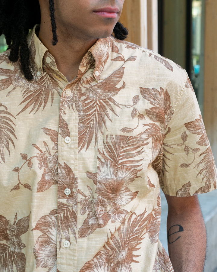 Japanese Repro, Short Sleeve Aloha Shirt, Hawaiian Aloha Tropical Brand, Cream and Brown Flowers and Leaves