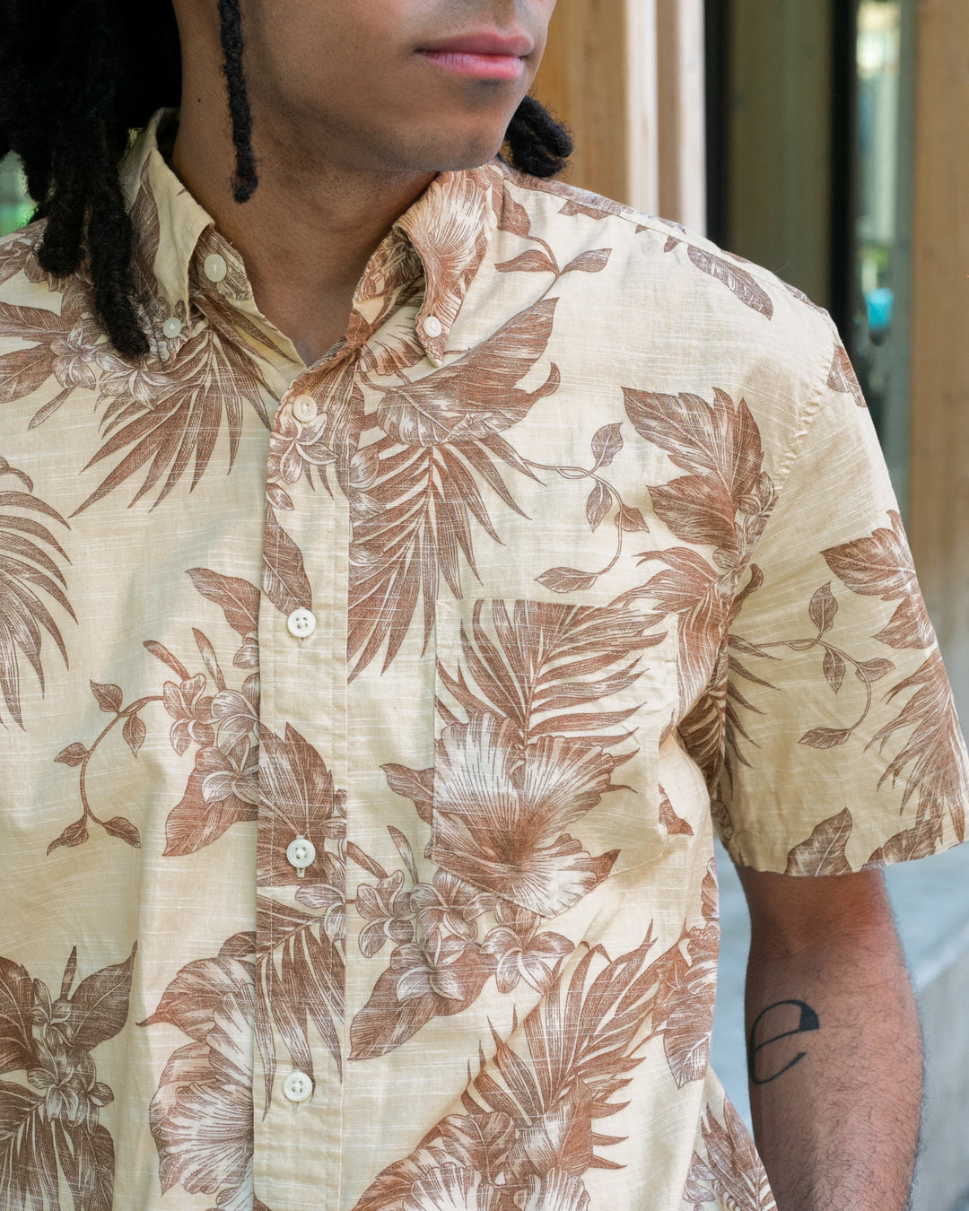 Japanese Repro, Short Sleeve Aloha Shirt, Hawaiian Aloha Tropical Brand, Cream and Brown Flowers and Leaves