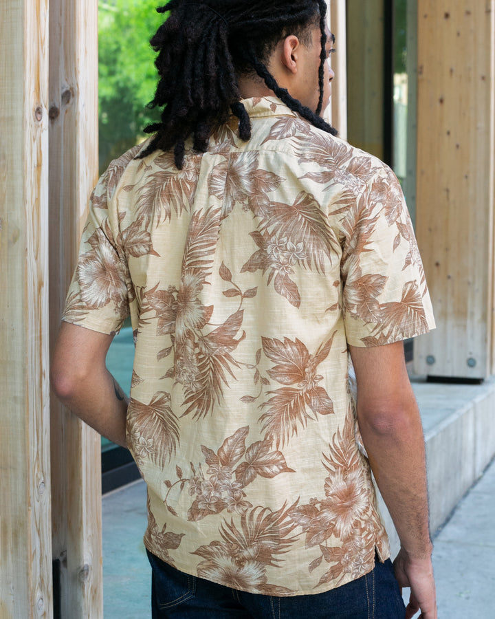 Japanese Repro, Short Sleeve Aloha Shirt, Hawaiian Aloha Tropical Brand, Cream and Brown Flowers and Leaves