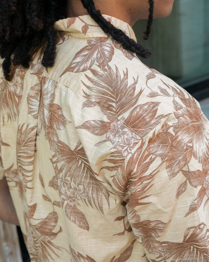 Japanese Repro, Short Sleeve Aloha Shirt, Hawaiian Aloha Tropical Brand, Cream and Brown Flowers and Leaves