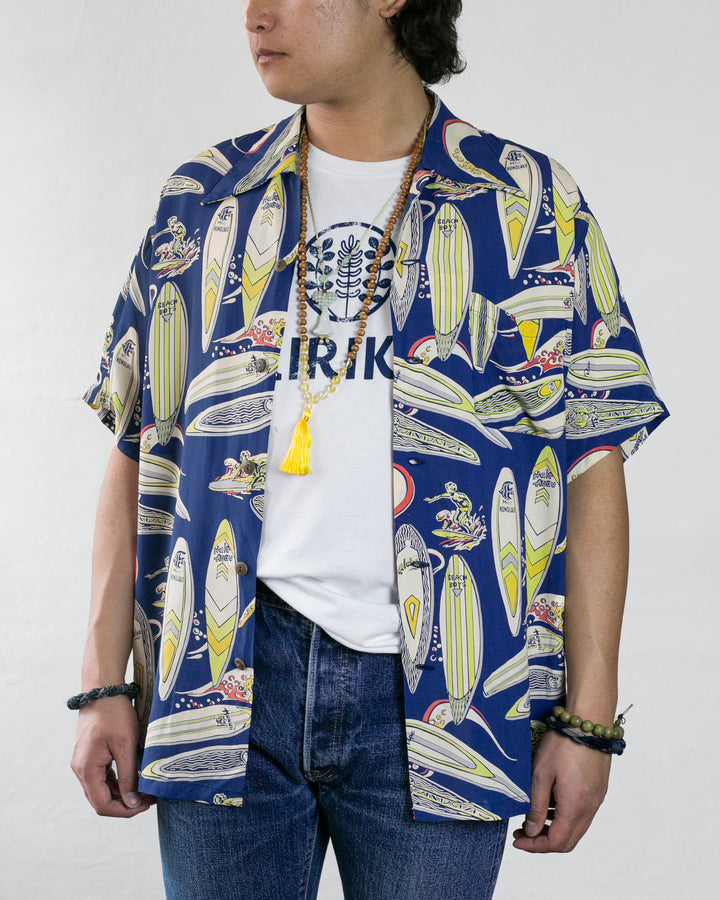 Japanese Repro Shirt, Aloha Short Sleeve, Sun Surf Brand, Royal Blue and Cream/Yellow - L