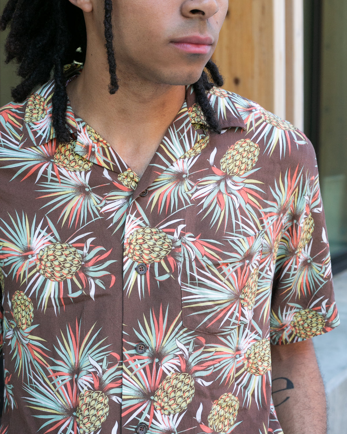 Japanese Repro, Short Sleeve Aloha Shirt, Kaluluwa Brand, Brown with Yellow and Green Pineapples