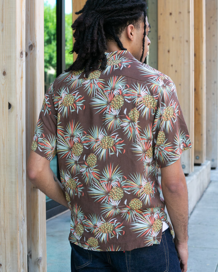Japanese Repro, Short Sleeve Aloha Shirt, Kaluluwa Brand, Brown with Yellow and Green Pineapples