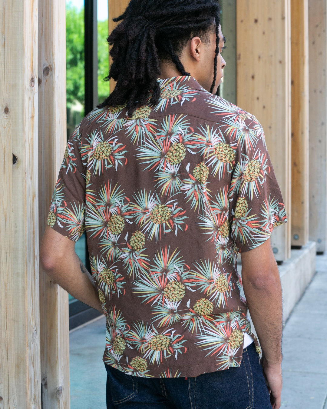 Japanese Repro, Short Sleeve Aloha Shirt, Kaluluwa Brand, Brown with Yellow and Green Pineapples