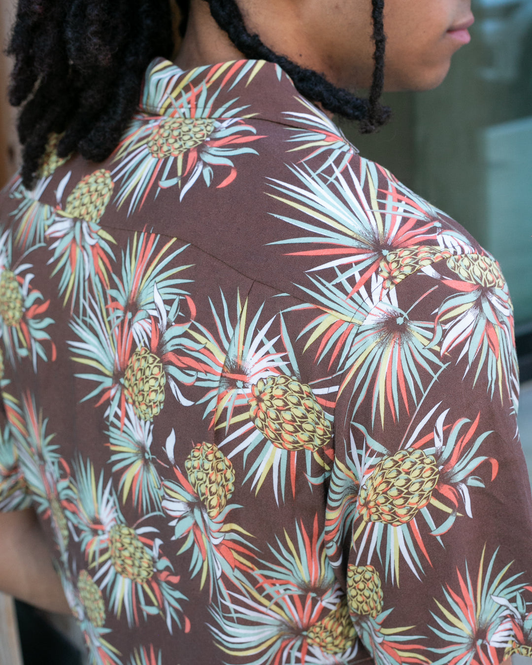 Japanese Repro, Short Sleeve Aloha Shirt, Kaluluwa Brand, Brown with Yellow and Green Pineapples
