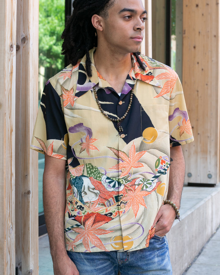 Japanese Repro, Short Sleeve Aloha Shirt, Cropped Heads Brand, Yellow and Black Autumn Scenery