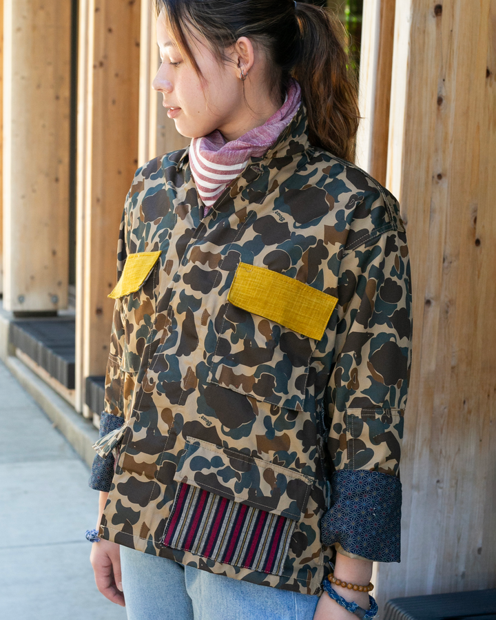 Kiriko Custom Military Jacket, Camo Patched, Obi Peacock 