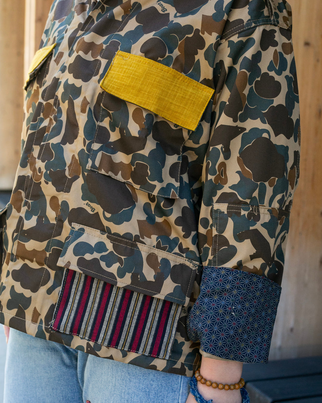 Kiriko Custom Military Jacket, Camo Patched, Obi Peacock 