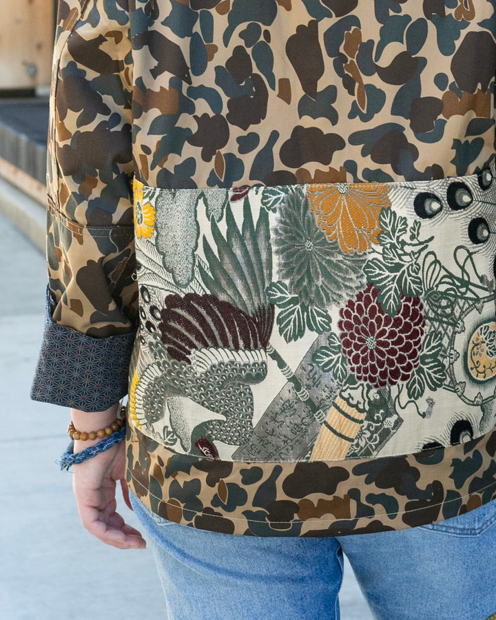 Kiriko Custom Military Jacket, Camo Patched, Obi Peacock 