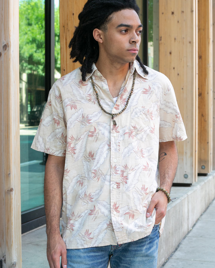 Japanese Repro, Short Sleeve Aloha Shirt, Hawaiian Aloha Tropical Brand, Cream and Brown Leaves