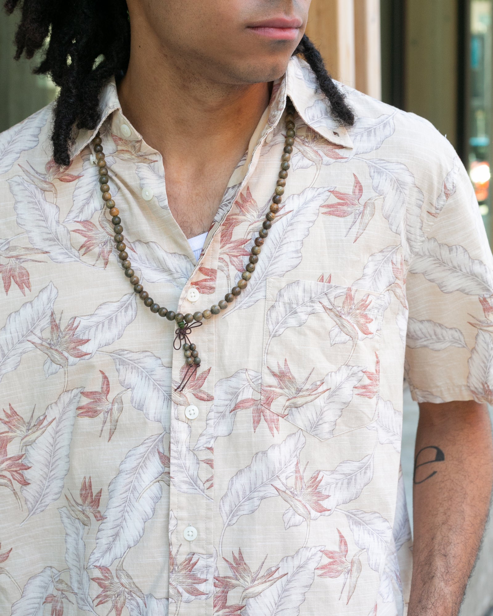 Japanese Repro, Short Sleeve Aloha Shirt, Hawaiian Aloha Tropical Brand, Cream and Brown Leaves