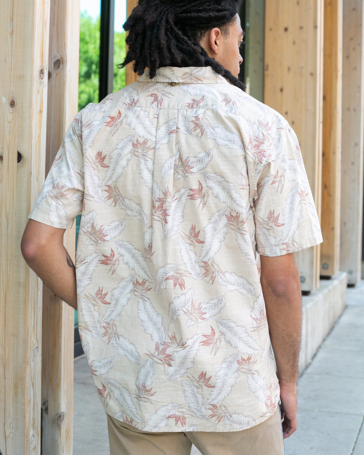 Japanese Repro, Short Sleeve Aloha Shirt, Hawaiian Aloha Tropical Brand, Cream and Brown Leaves