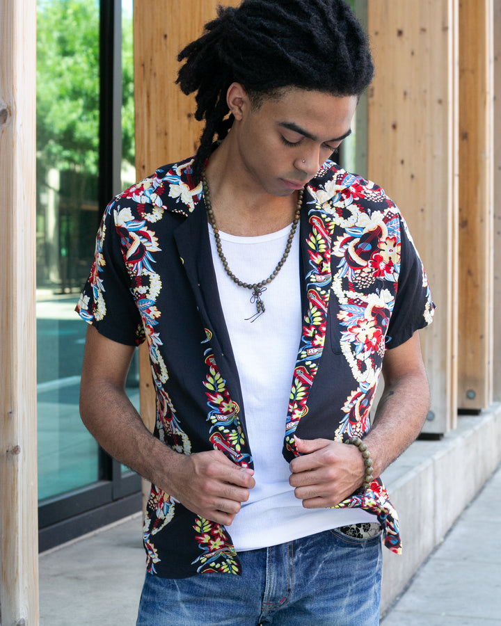 Japanese Repro, Short Sleeve Aloha Shirt, Houston Co. Brand, Black Shima with Red and Yellow Floral