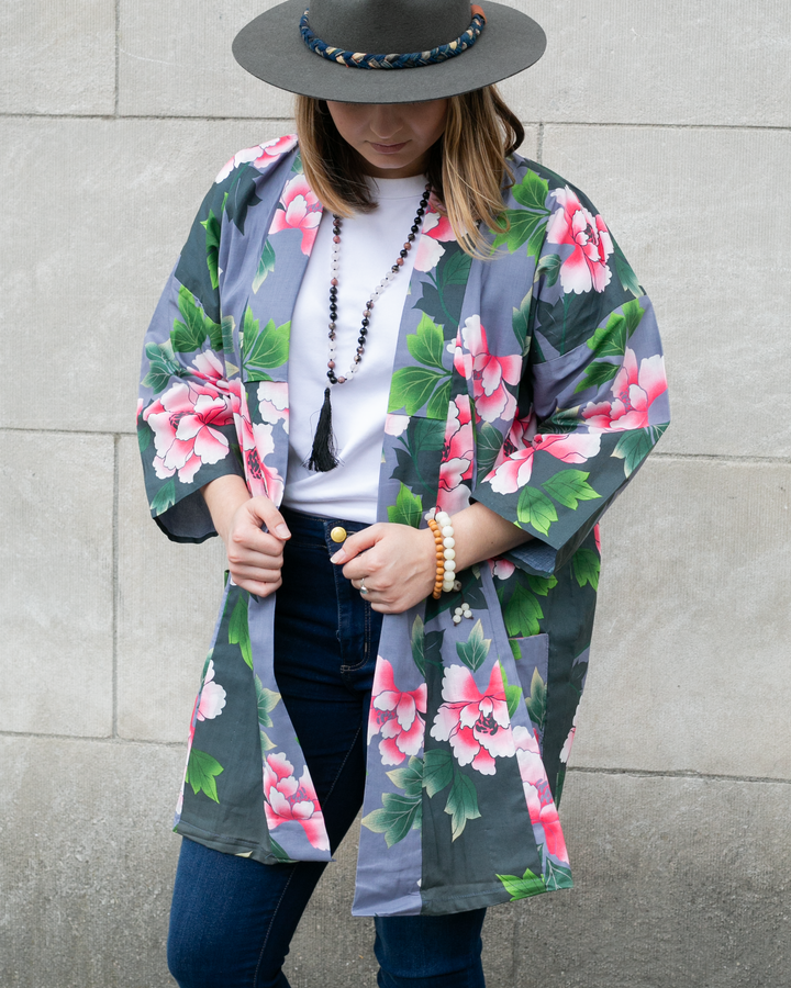 Kiriko Custom, Altered Yukata Jacket, Slate with Pink Flowers and Green Leaves