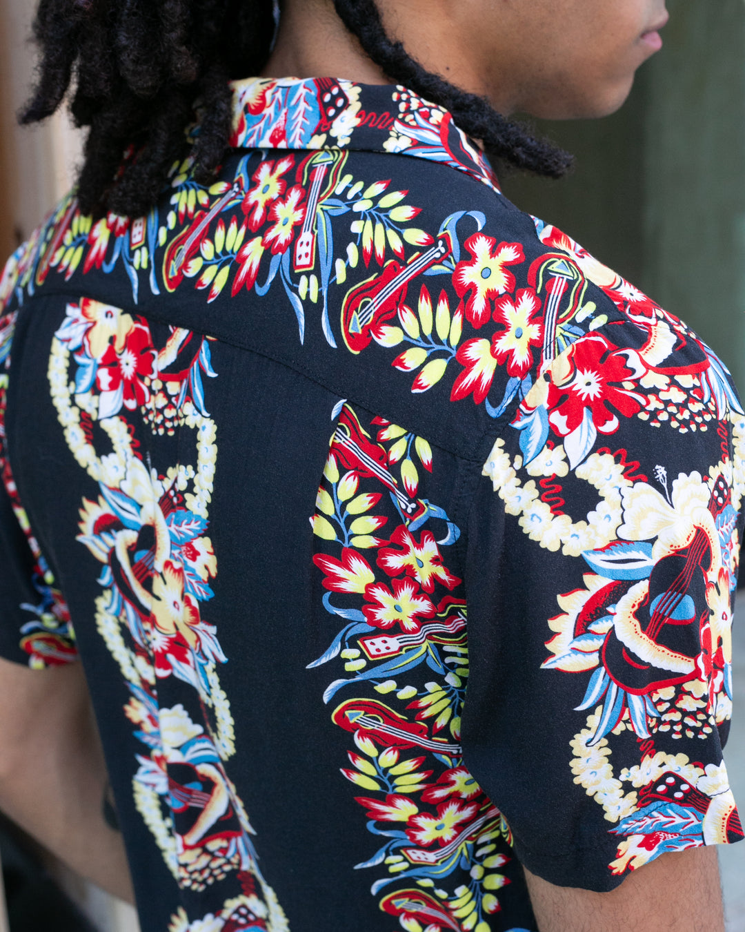 Japanese Repro, Short Sleeve Aloha Shirt, Houston Co. Brand, Black Shima with Red and Yellow Floral