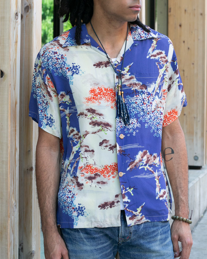 Japanese Repro, Short Sleeve Aloha Shirt, Sun Surf Brand, Royal Blue and Cream Blossoms