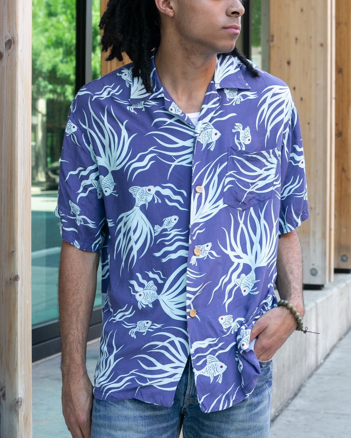 Japanese Repro, Short Sleeve Aloha Shirt, Seilin Brand, Blue Goldfish