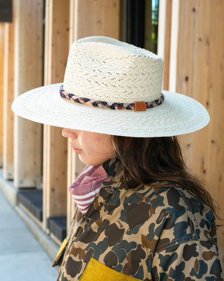 Kiriko Custom Panama Hat, Straw, Braided Shades of Indigo, Orange, and Burgundy