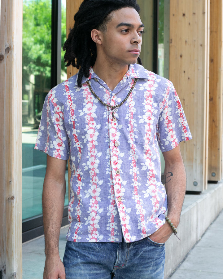 Japanese Repro, Short Sleeve Aloha Shirt, Classic Surf Brand, Lavender and Red Flower Shima