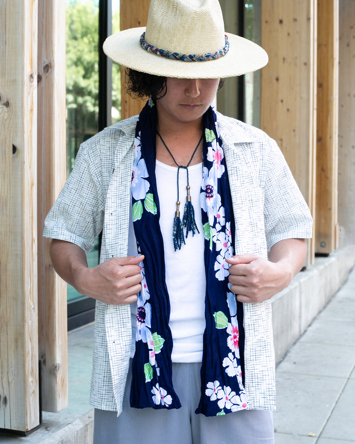 Kiriko Original Scarf, Kiji, Yukata,Shima Dark Indigo with White Flowers and Red Accents